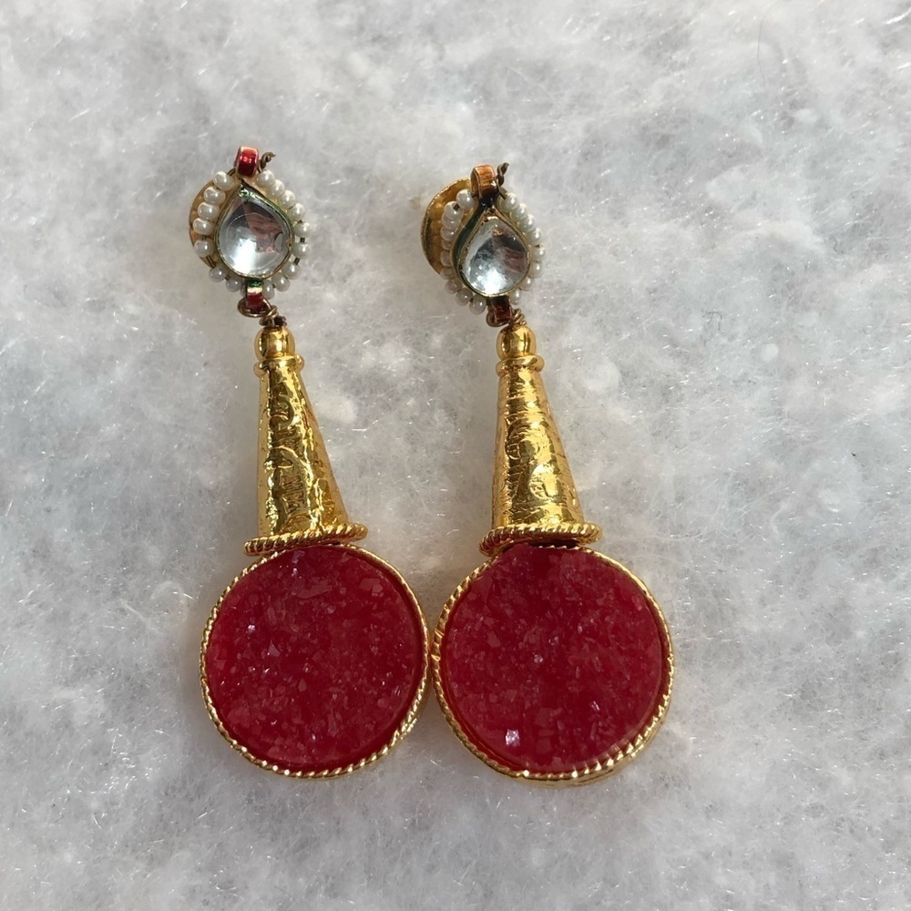 Red Stone gold tone Statement earrings
